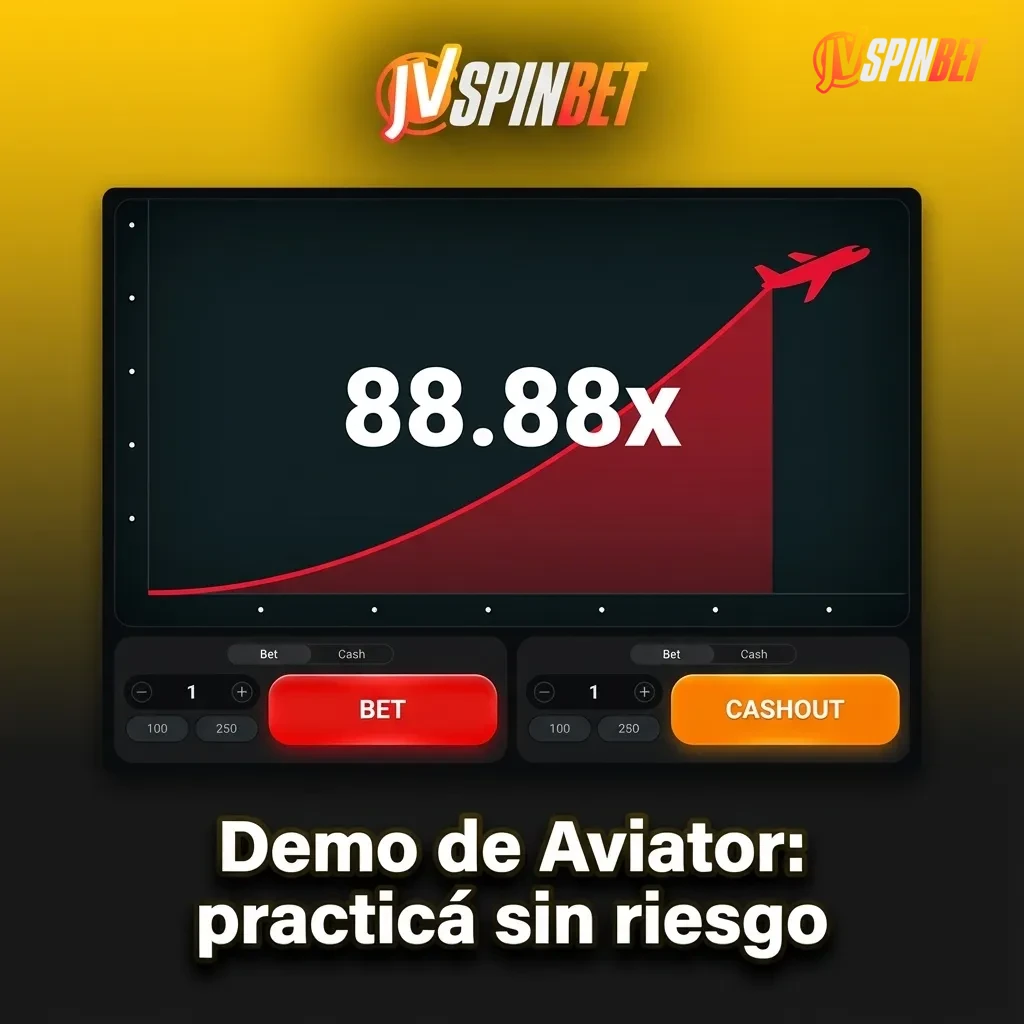 Interfaz de demo de Aviator en JVSpin con saldo virtual, cashout, multiplicadores y Autobet para practicar sin riesgo