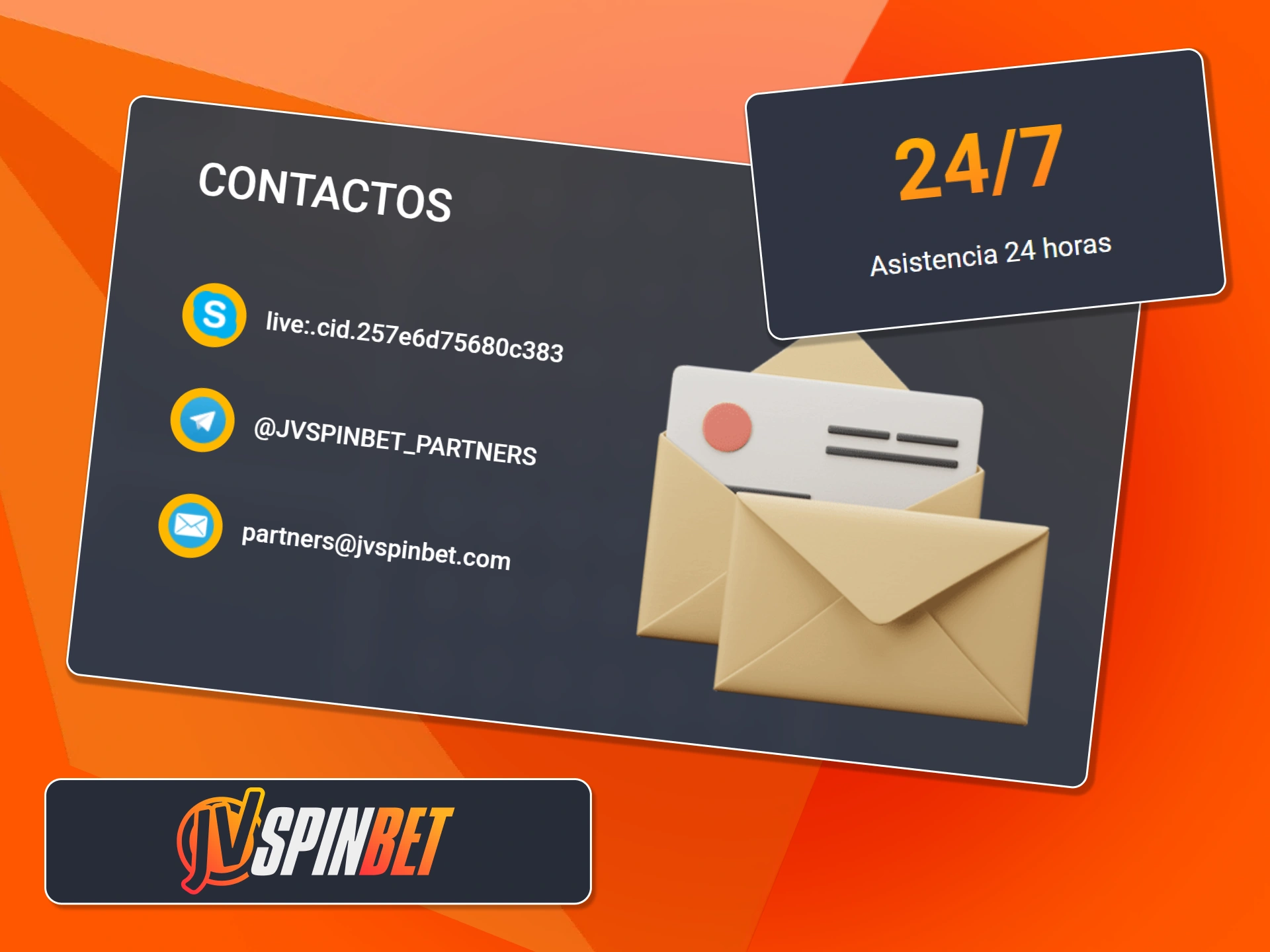 Contacta con el equipo de soporte para afiliados de JVSpin disponible las 24 horas vía Telegram o email.