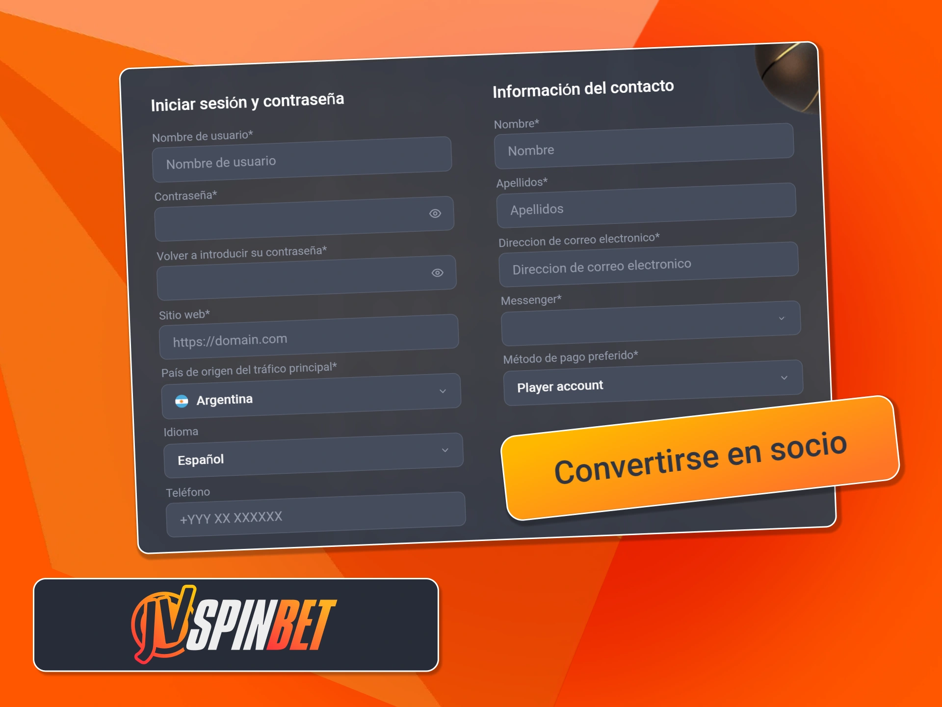 Completa el formulario de registro con tu información de contacto para convertirte en socio de JVSpin.