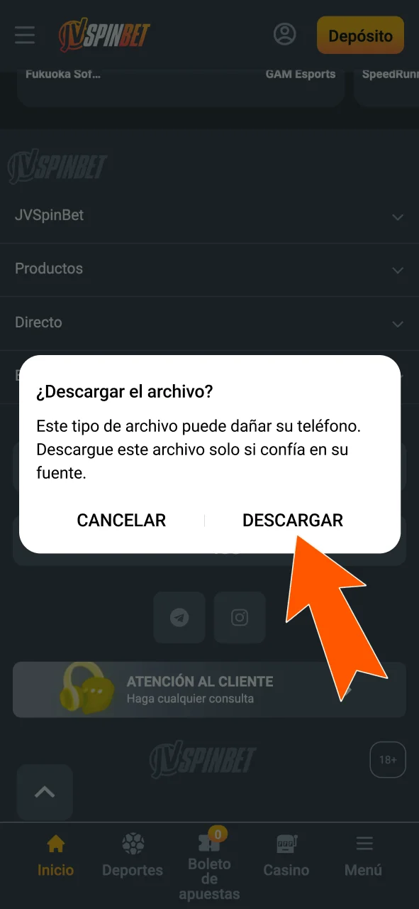 Aceptá la descarga emergente y continuá con el APK de JVSpin.