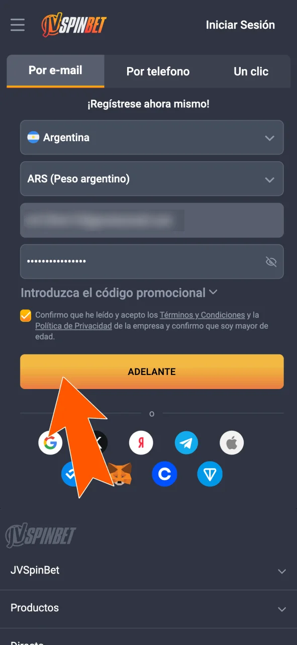 Aceptá los términos y completá tu registro en JVSpin.