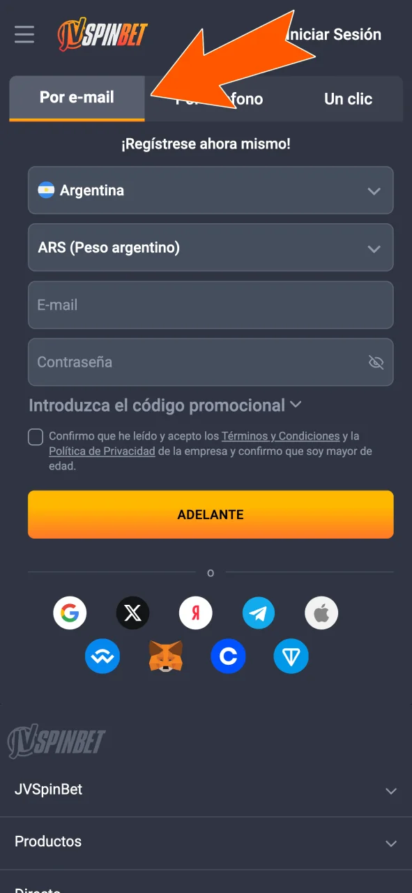 Tocá Registrarse en JVSpin y elegí tu método de alta.