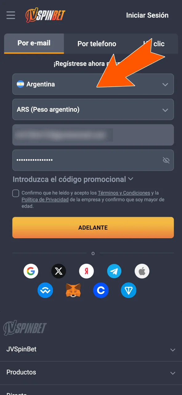 Ingresá tus datos, país y moneda en JVSpin para seguir.