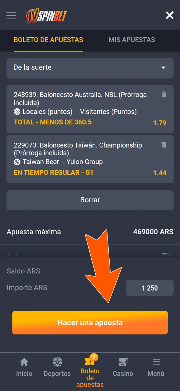 Introduce el importe de tu apuesta en el boleto y confirma la jugada en JVSpin.