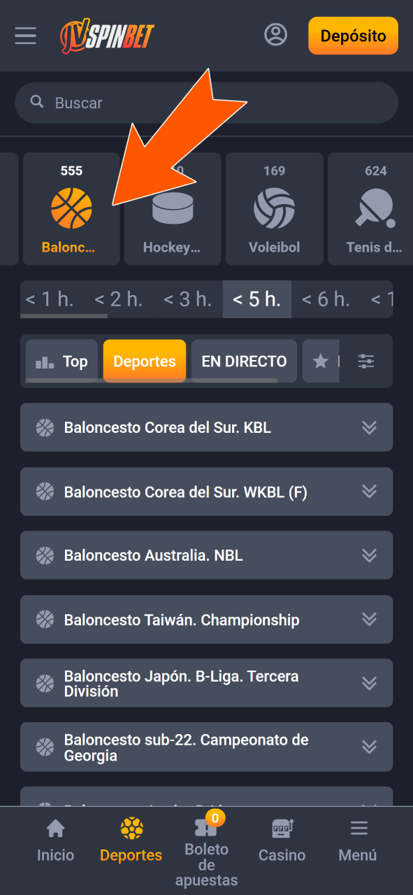 Accede a la sección de baloncesto desde el menú principal de deportes en JVSpin.