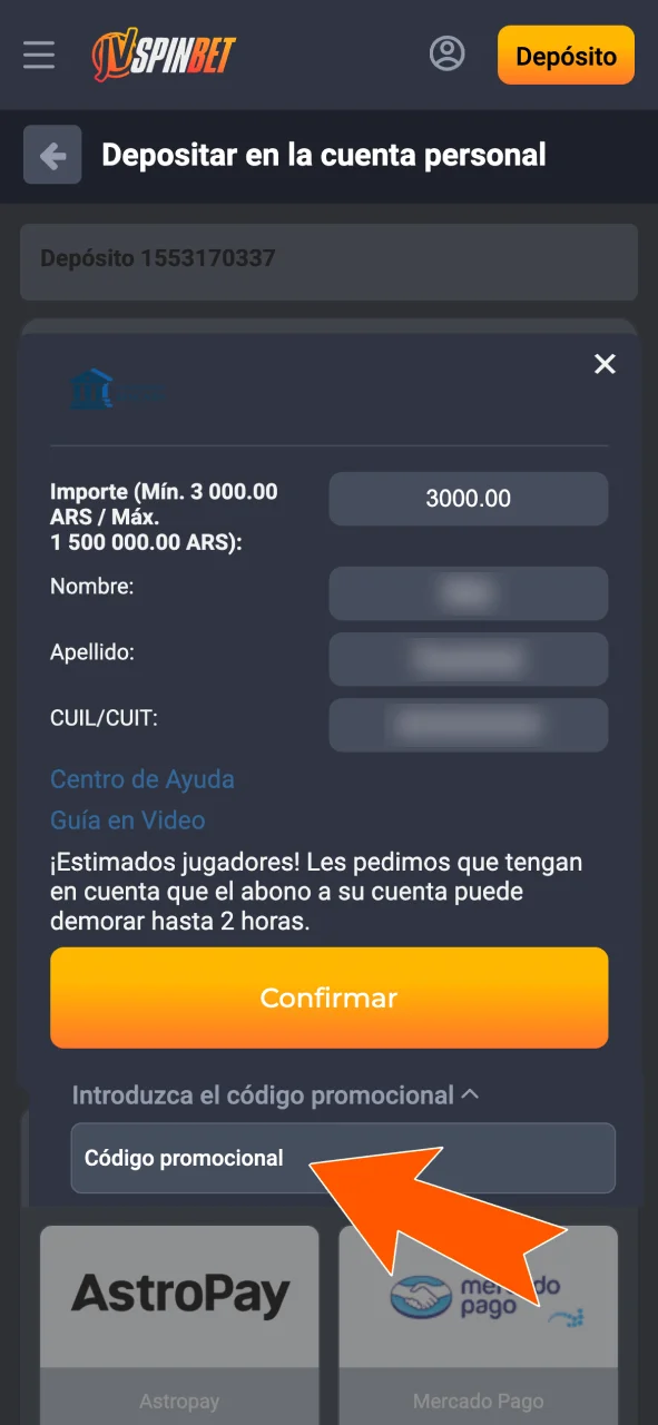 Ingresá tu código promocional en JVSpin antes de confirmar el pago.