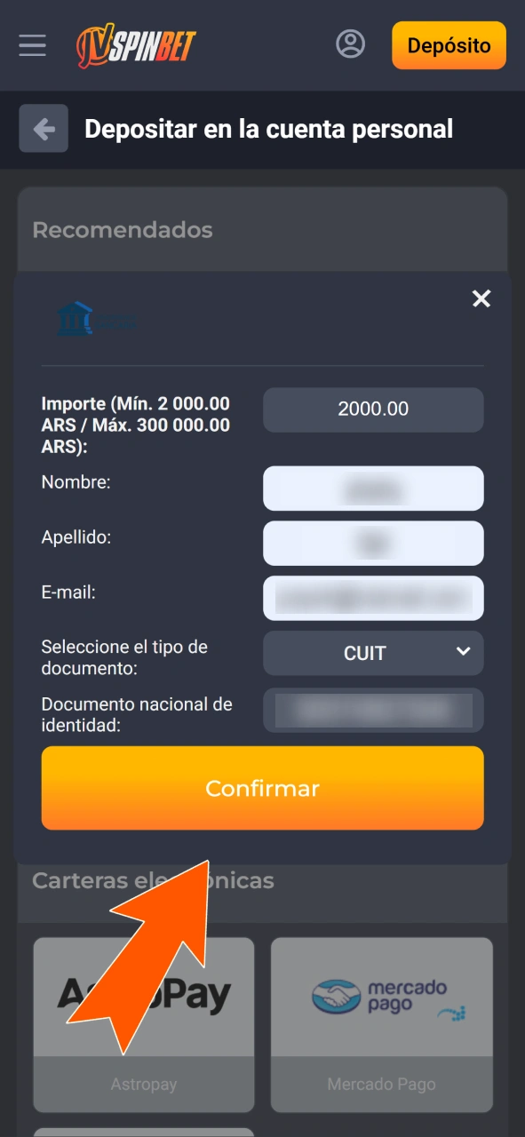 Selecciona tu método de pago y confirma el depósito para apostar en esports en JVSpin.