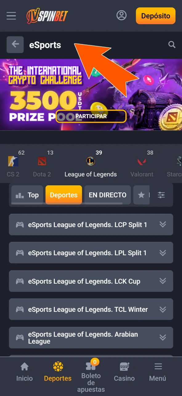 Accede a la categoría de eSports para ver todos los juegos disponibles en JVSpin.