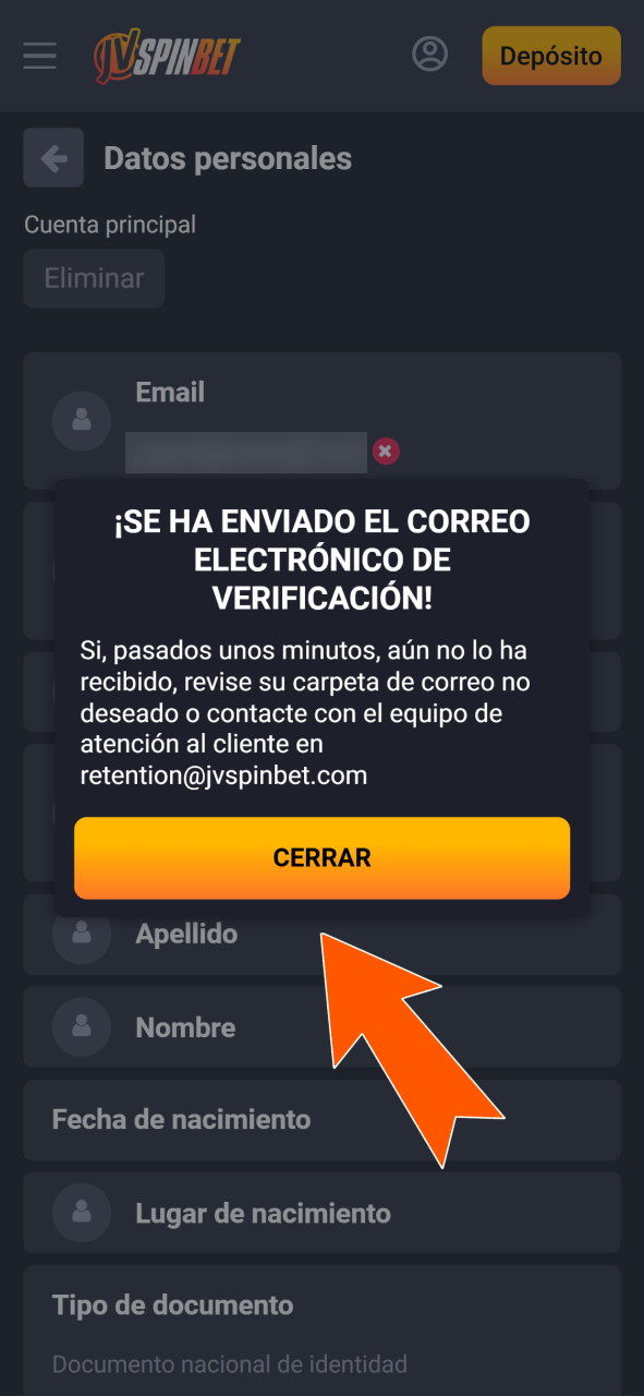 Verifica tu correo electrónico para asegurar tu cuenta y retirar ganancias en JVSpin.