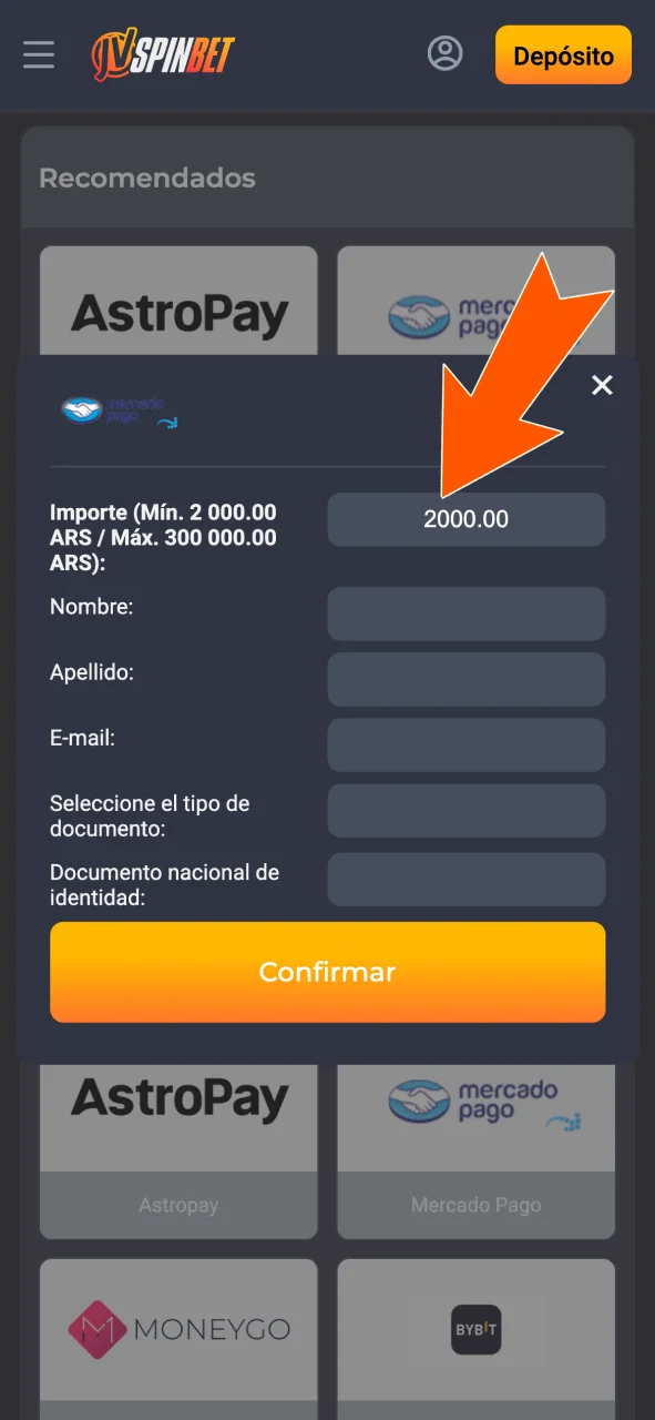 Ingresá el monto de depósito válido y seguí en JVSpin.
