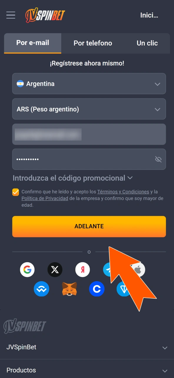 Completa el formulario de registro para crear tu cuenta en JVSpin rápidamente.