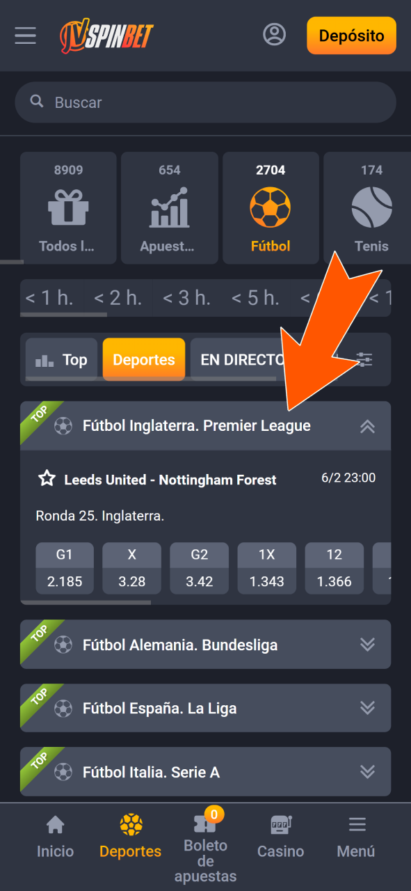 Navega por el menú de deportes para elegir tu liga de fútbol favorita en JVSpin.