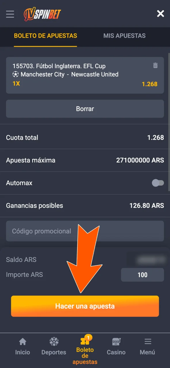 Indicá el monto en JVSpin y confirmá tu apuesta.