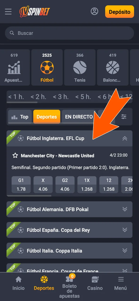 Elegí un evento en JVSpin desde Deportes o En Vivo.