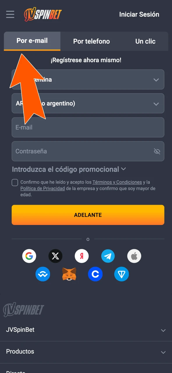 Elegí registro en 1 clic, teléfono o email en JVSpin.