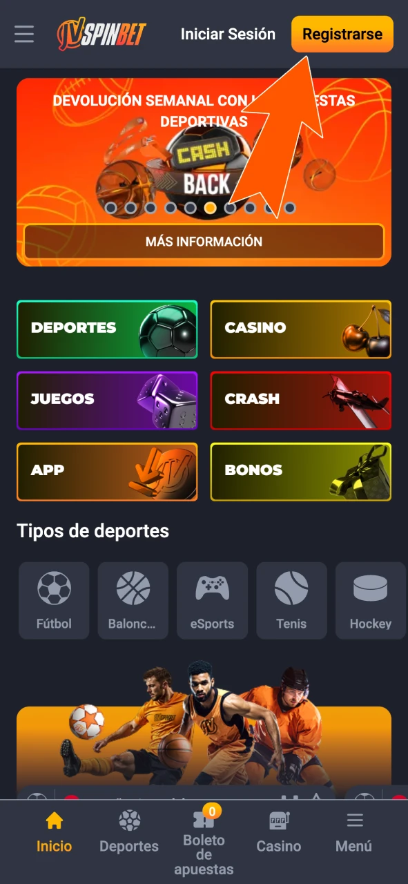 Abrí la app de JVSpin y tocá Registrate.