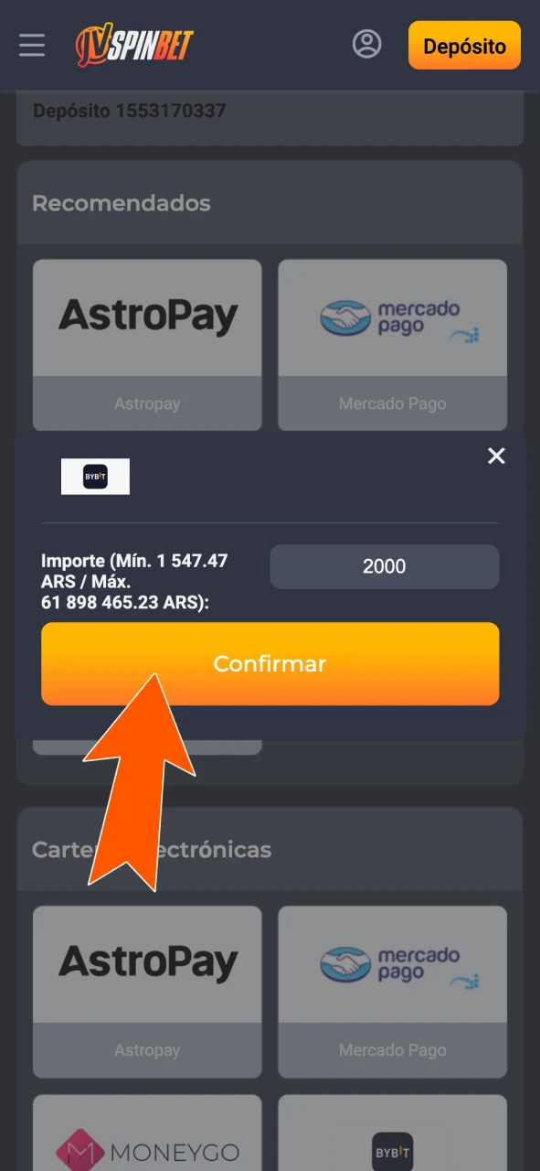 Ingresá el depósito mínimo con un método válido en JVSpin.