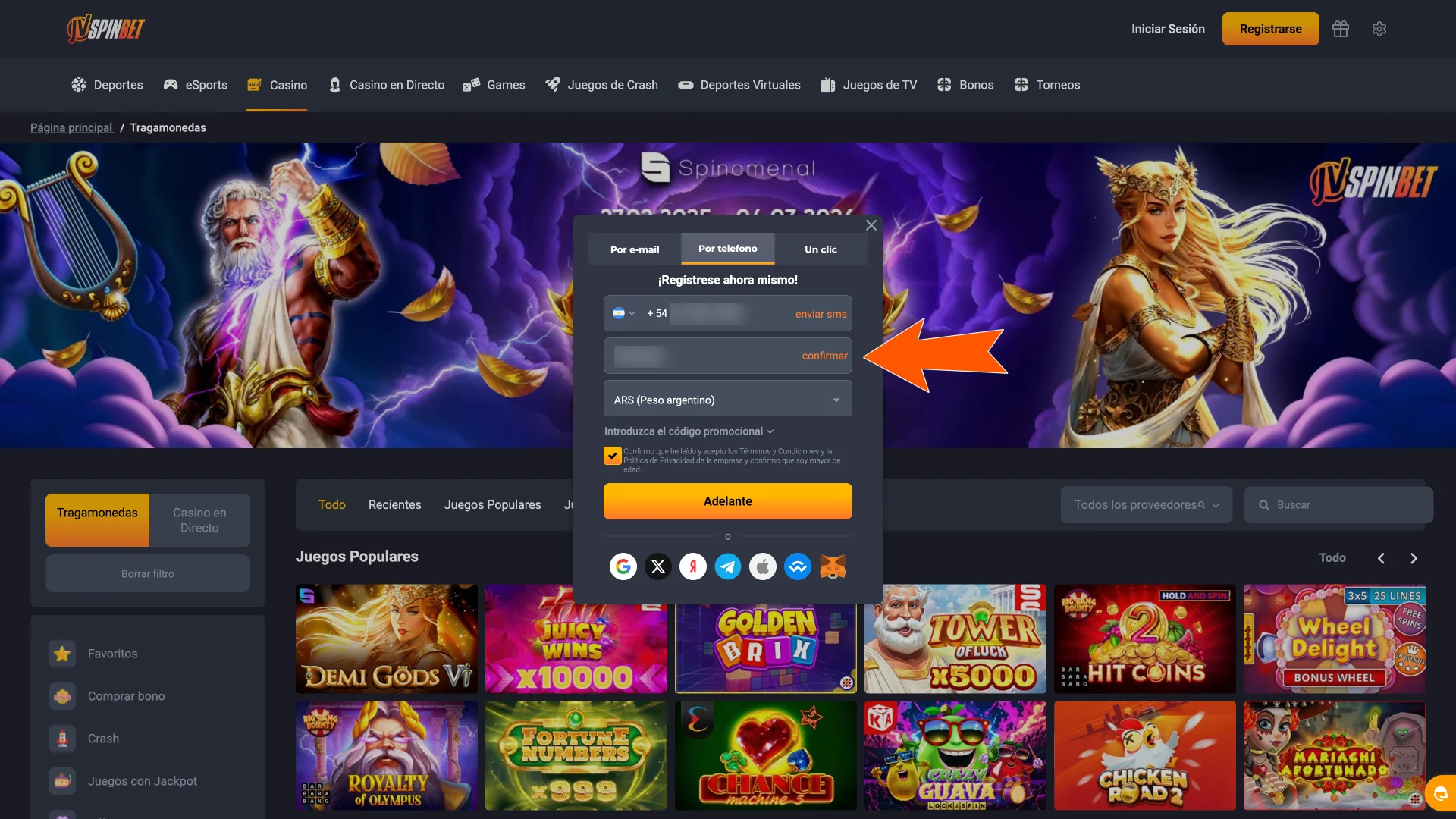 Completá tus datos y dirección en JVSpin y aceptá los Términos.
