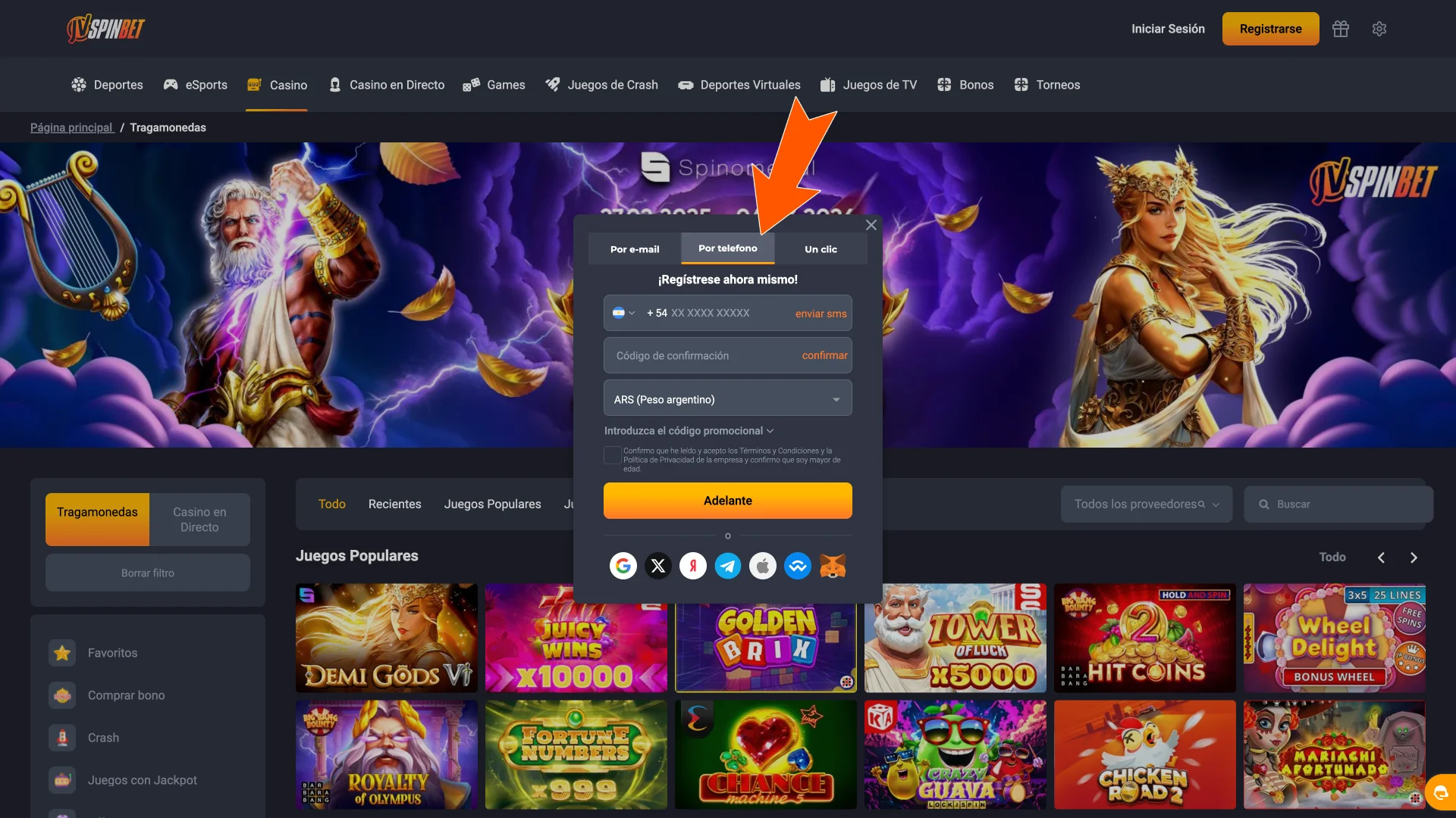 Elegí registro en 1 clic, teléfono o email en JVSpin.