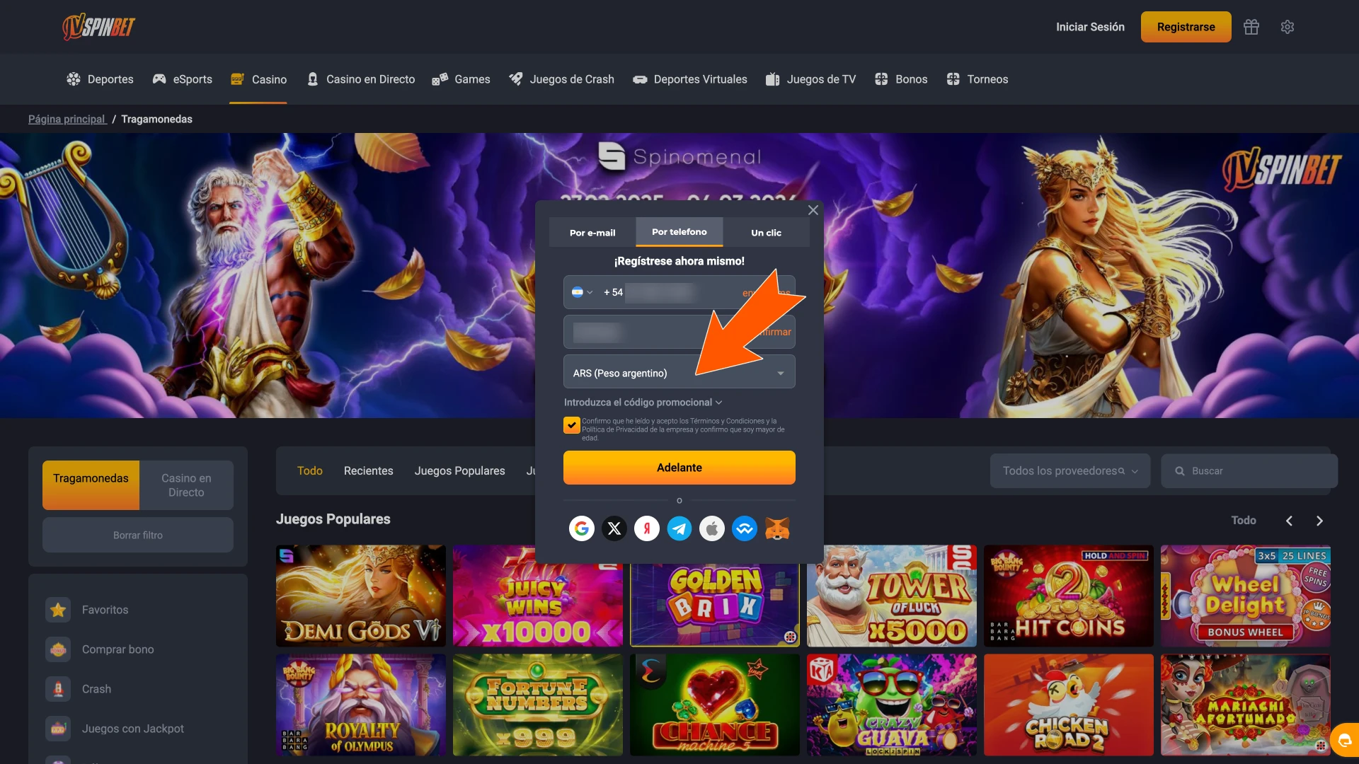 Definí una contraseña segura y elegí tu moneda en JVSpin.