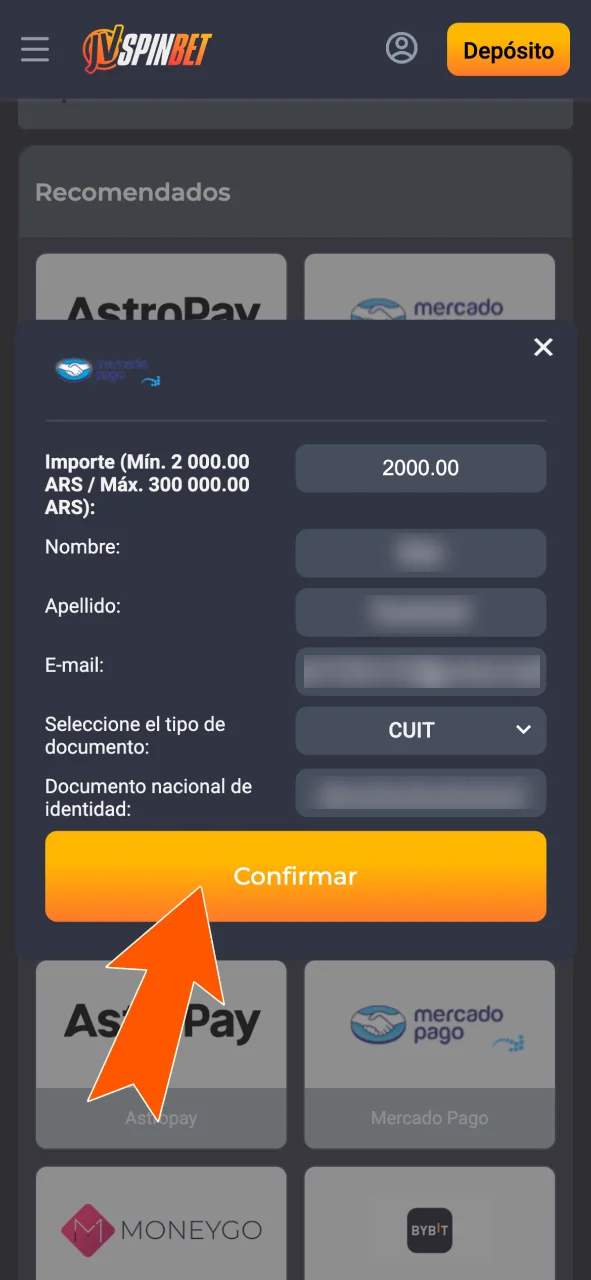 Indicá el monto en ARS y completá datos en JVSpin.
